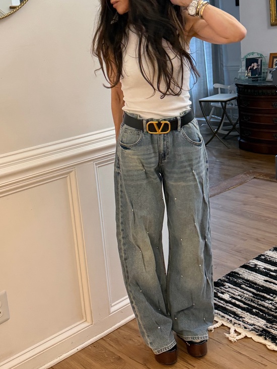 ShopEvelynne Denim - ShopEvelynne Light Gray Wide-Leg Jeans with Pearl Studs
